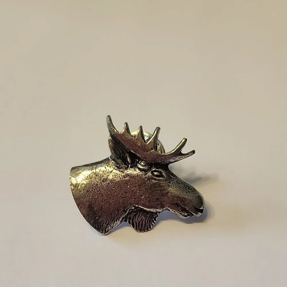 Moose Elk Caribou Head Pewter Pin Brooch Signed